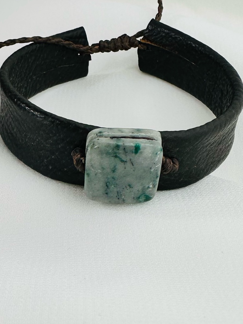 Guatemalan Green Jade & Brown Leather Strap | Boho Handmade 7”